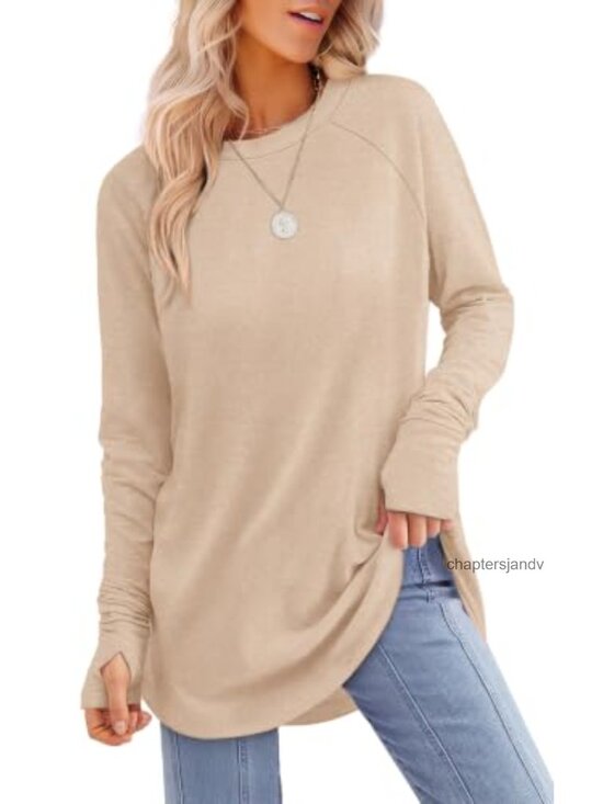 Tops - Womens Long Sleeve Tunic Top Thumb Hole Curved Hem Loose Fit Casual